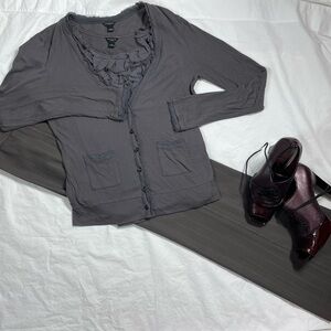 Ann Taylor Gray Ribbed Button-Up Twinset